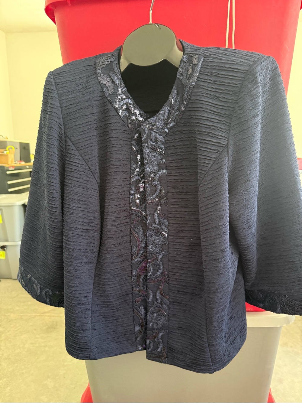 Navy Textured Open-Front Women's Sweater with Embroidered Trim p48